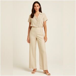 Max Studio Tan Khaki Linen Button Sailor Pants Women's 6 Boot Cut High Waist